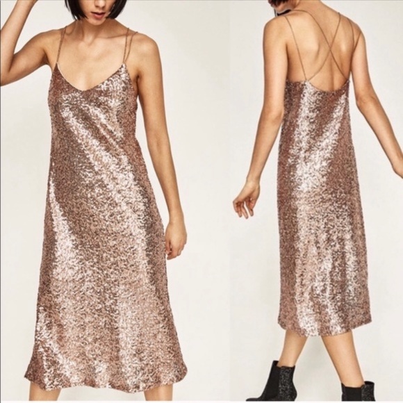Zara rose gold sequin midi dress - Picture 1 of 10